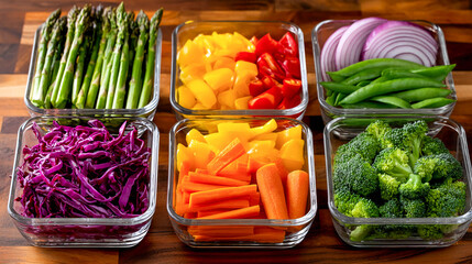 Six glass containers filled with fresh and colorful vegetables: broccoli, yellow peppers and red onions, radishes, green peas, chopped carrots, and cucumbers.