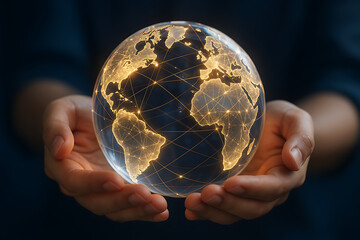 Human hands support glowing transparent digital globe with worldwide network points and data connections showing earths connectivity and global technological integration