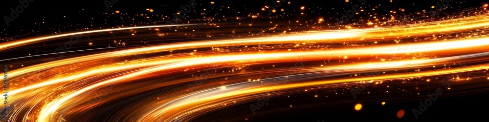 Poster dynamic and energetic abstract background featuring flowing golden streams with bokeh effects