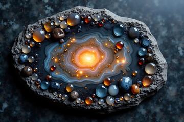 A Swirl of Polished Onyx Pebbles Embedded in Resin, Forming a Subtle Galaxy Design That Glows Against a Dark Granite Slab, AI-generated