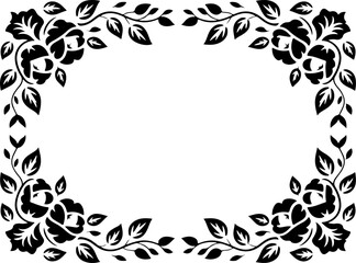 Image is a black and white decorative border design, featuring an intricate floral pattern. The layout is rectangular, with symmetrical floral motifs adorning each corner and the center of each side. 