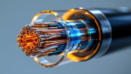 fiber optic cable internal anatomy with transparent layers exposing glass core, cladding, buffer, aramid strength fibers, and pvc outer jacket, illuminated with soft blue light, photorealistic.
