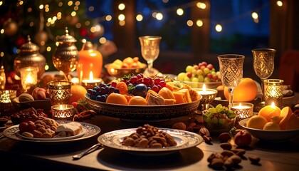 Naklejka premium Festive fruit & nut platter, candlelit dinner scene