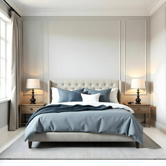 Classic interior design bedroom beige gray and blue Interior of a bedroom with cushions isolated on the white background