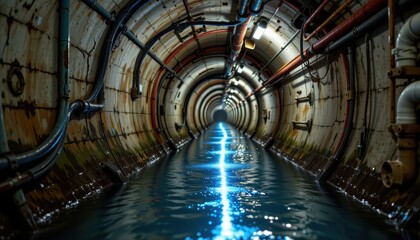 Obraz premium fiber optic waterproof cable running through flooded urban sewer tunnels, resistant to water ingress, surrounded by pipes and wet concrete, glowing light inside cable, photorealistic underground.