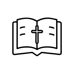 Open bible featuring a cross in simple black outline. Open bible icon depicts religious belief and spirituality with christian cross. Use open bible for church resources and faith based concepts.