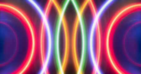 Vividly glowing neon light circles in multicolor tones, featuring a mesmerizing and vibrant abstract display, suitable for backgrounds, artistic concepts, or electronic-themed visual content.