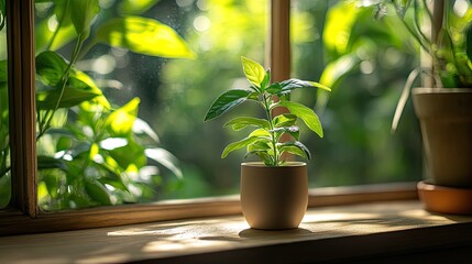 Kleine grÃ?Â¼ne Pflanze steht auf Fensterbank vor Mensa als Zeichen fÃ?Â¼r Nachhaltigkeit, Wachstum und NatÃ?Â¼rlichkeit