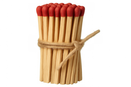 Matches with red tips are bundled and tied together with twine, isolated on a transparent background