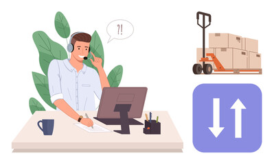 Call center worker wearing headset at desk with computer, forklift with boxes, up-down icon for shipping. Ideal for customer service, logistics, e-commerce, communication, delivery, teamwork simple