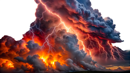 A dramatic thunderstorm unleashes powerful orange and red lightning bolts through dark, turbulent clouds against a transparent background