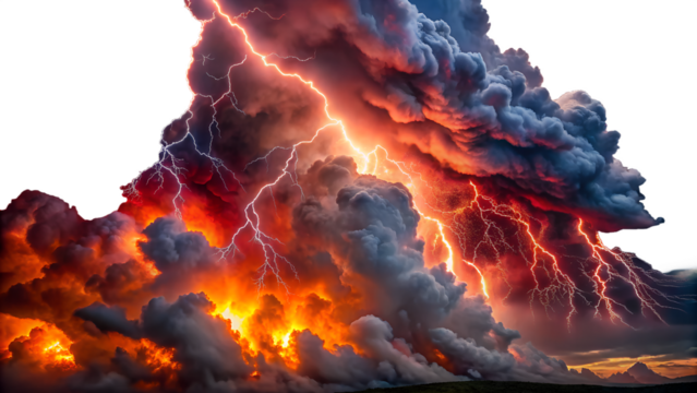 A dramatic thunderstorm unleashes powerful orange and red lightning bolts through dark, turbulent clouds against a transparent background
