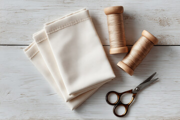 Neutral folded fabric with sewing threads and scissors on rustic surface. Craft mockup for fabric branding or handmade products.