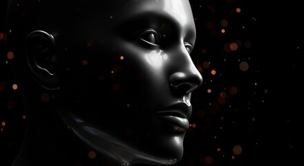 Futuristic, abstract 3d visualization of glossy human head with smooth, black surface and glowing particles on dark background with free space for text. Artificial intelligence, robotics
