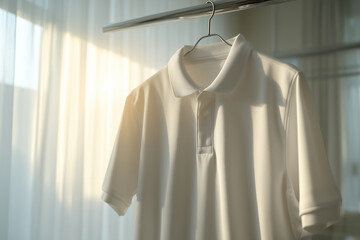 White polo shirt mockup hanging near window in soft daylight. Clean template for branding or fashion design.