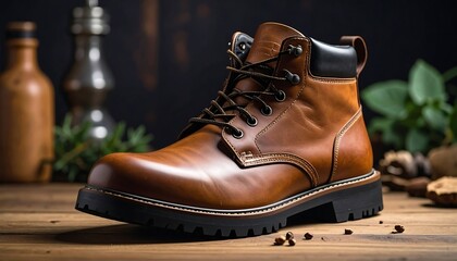 Stylish Brown Leather Boot on Rustic Wooden Surface with Natural Background.