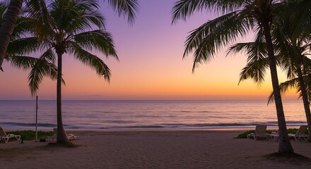 Obraz premium A serene tropical beach at sunset, featuring silhouetted palm trees framing a calm ocean under a beautiful gradient sky of orange and purple hues.