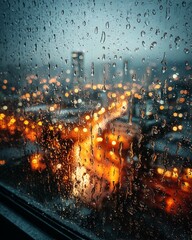 City lights melt through a rain-soaked window, where each drop refracts the glow into a symphony of solitude and cinematic emotion.