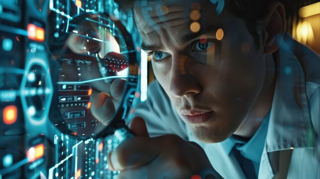 Man in lab coat examining digital screen with magnifying glass in a futuristic environment setting