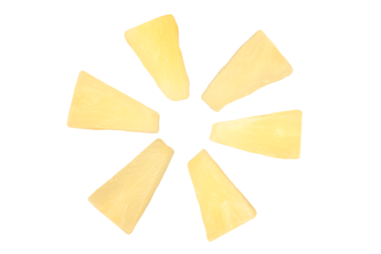 Real photo of pineapple chunks arranged in a circle, cut out on transparent background.