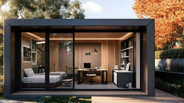 Modern backyard home office combining work and relaxation spaces