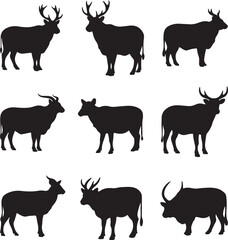 A vector silhouette collection of farm and wild animals including cows, horses, goats, deer, pigs, cats, dogs, elephants, giraffes, chickens, sheep, and bulls