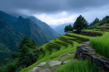 Steep Terraced Fields Carved Into Hillsides in Ancient Landscape