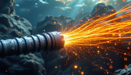 underwater internet cable crossing tectonic plate boundaries, armored layers protecting delicate fiber cores, glowing data pulses, photorealistic geological and technological fusion.