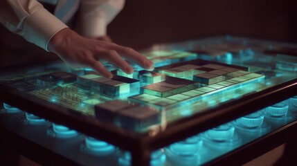 Naklejka premium A hand interacts with a glowing, interactive puzzle table.