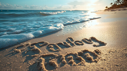 Travel insurance concept with words written in sand on the beach