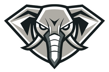 Stylized gray elephant head in a geometric shield shows strength and determination