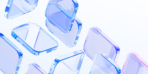 Abstract light blue 3d background with glass transparent square plate shapes render. Crystal block geometric pattern. Futuristic digital tech banner. Holographic gradient wallpaper. 3D illustration