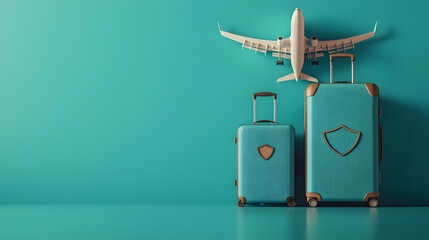 Travel insurance concept. Airplane and luggage with travel insurance policy and protection shield