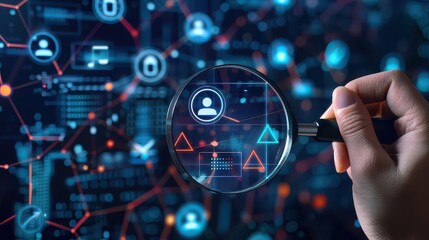 Hand holding magnifying glass over digital interface with user icons and network connections visible