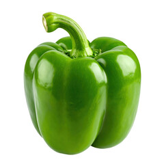 A vibrant, glossy green bell pepper with a smooth, shiny surface.