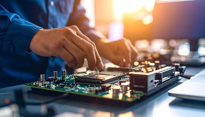 Tech Expert Assembling Computer Motherboard with Closeup, and Sunlight Background.