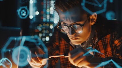 Man in glasses working on a futuristic project with holographic interface and circuit board background