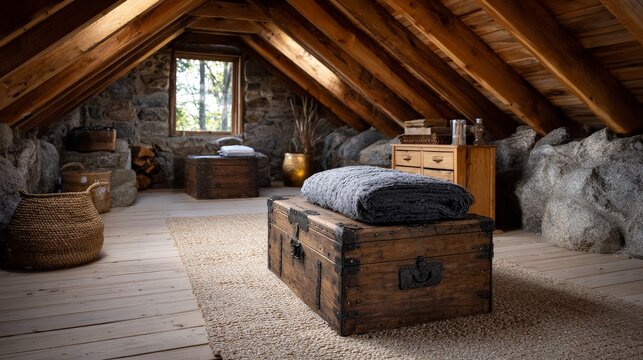 Serene Attic Space with Antique Trunks and Cozy Decor Elements