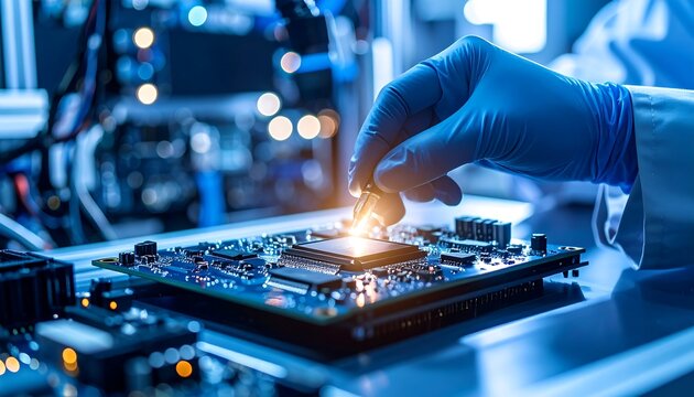 Technician installing computer chip on circuit board with futuristic tech concept.