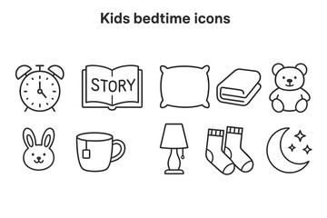 Kids bedtime icons: clock, storybook, pillow, blanket, bear, bunny, mug, lamp, socks, moon