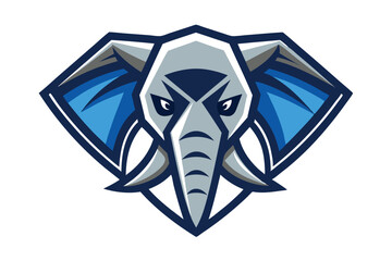 Fierce elephant mascot head with blue ears and grey face displays powerful expression