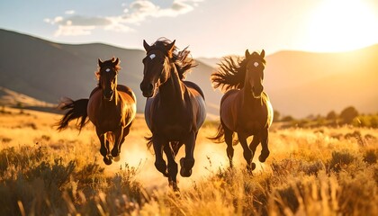 Three Majestic Horses Galloping Through Golden Fields at Sunset.