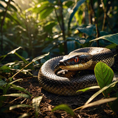Obraz premium Coiled Majesty Jungle Serpent in Golden Light