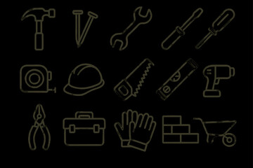 Obraz premium Outline of construction tools icon set: hammer, wrench, screwdriver, saw, helmet