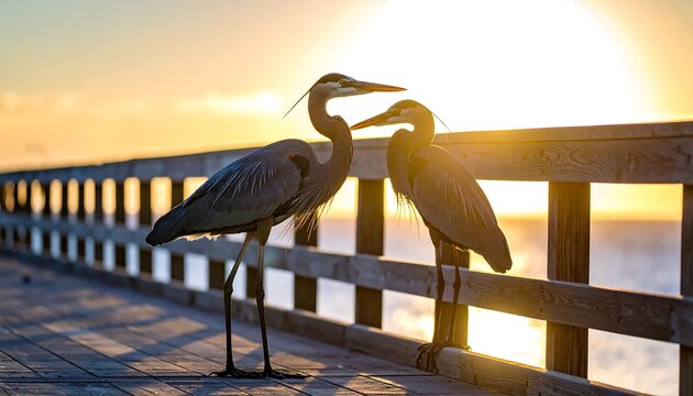 Two majestic Great Blue Herons on a pier silhouetted by a beautiful sunset.