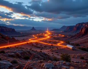 Fototapeta premium fiber optic cables crossing rugged desert landscape to connect isolated villages, glowing light pulses transmitting internet data, photorealistic arid environment.