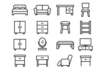 Icon set of furniture essentials: bed, sofa, desk, chair, wardrobe, dresser, mirror, tv stand