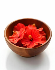 Dry hibiscus tea in wooden bowl isolated on the white background