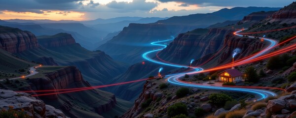 fiber optic cables crossing deep canyons to reach isolated homes, glowing data pulses transmitting internet, photorealistic natural landscape.