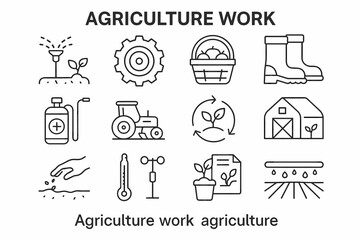 Agriculture work icons: farming tools, growth, and sustainability symbols
